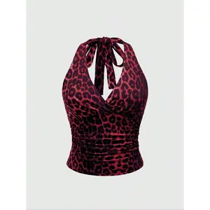 Women’s leopard-print lace-up shoulder vest, spring and summer casual sleeveless top, women’s everyday wear GARMENTARY