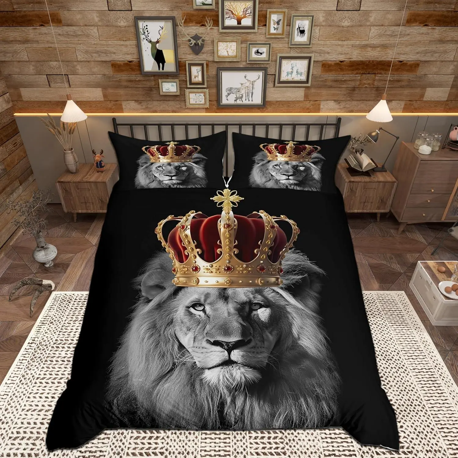 Wild Lion Bedding Set,Golden Crown 3D Wildlife Comforter Cover Set for Kids Boys Bedroom,African Tropical Animal Print Black Polyester Bedding Set,(No Comforter),Quilt Cover