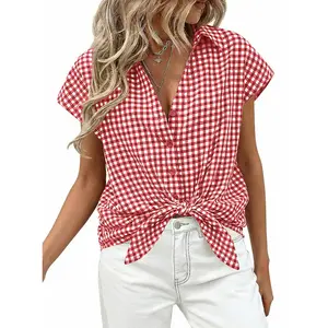 EncoLax Womens Short Sleeve Shirts Plaid Button Down Blouse Dressy Casual 2026 Summer Spring Business Gingham Work Tops
