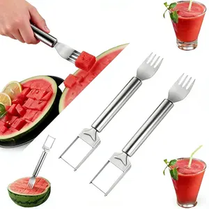 2-in-1 Stainless Steel Fruit Cutter – Dual-Head Watermelon Slicer & Fork with Round Handle for Cubing Melons, 2-Piece Set Holiday Gift