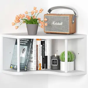 White Corner Floating Shelf – 18-Inch Pine Wood Wall Mounted Shelf With Cord Hole For Living Room Bedroom Bedside Projector Storage