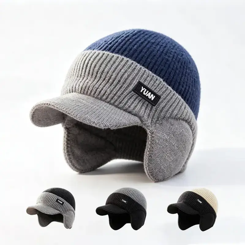 Men's Winter Knit Beanie Hat with Visor Brim Thermal Fleece Lined Warm Trapper Ski Cap with Ear Flaps Windproof Outdoor Sports Hat for Cold Weather Cycling Running Hiking Skull Cap for Men Women
