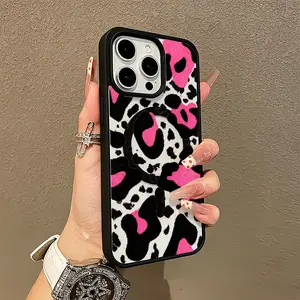 Pink Leopard Print Fuzzy Phone Case， Wild Animal Style for iPhone 17 16 15 14 13 12 11 Plus Pro Max.