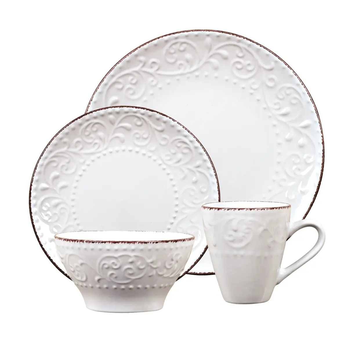 212 MAIN 16-Piece Modern Stoneware Scroll Motif Tableware Set - White Dinnerware with Mugs, Bowls, Dishwasher-Safe Kitchen Serveware, Mug