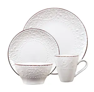 212 MAIN 16-Piece Modern Stoneware Scroll Motif Tableware Set - White Dinnerware with Mugs, Bowls, Dishwasher-Safe Kitchen Tableware Set, Mug