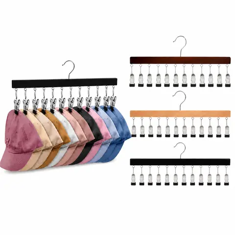 Heavy-Duty Wooden Closet Hat Rack Holder, 1 Pack-12 Clips & 2 Pack-36 Clips Options, Durable Hooks & Rails, Strong Grip Daily Organizer, Space Saver, Fits All Cap Sizes, Holds Baseball Caps/Jeans, Black Hanging Accessories