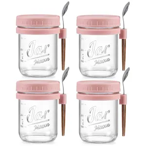 4 Pack Overnight Oats Containers With Lids And Spoons  16 Oz Glass Mason Jars Airtight For Milk Cereal Fruit-pink