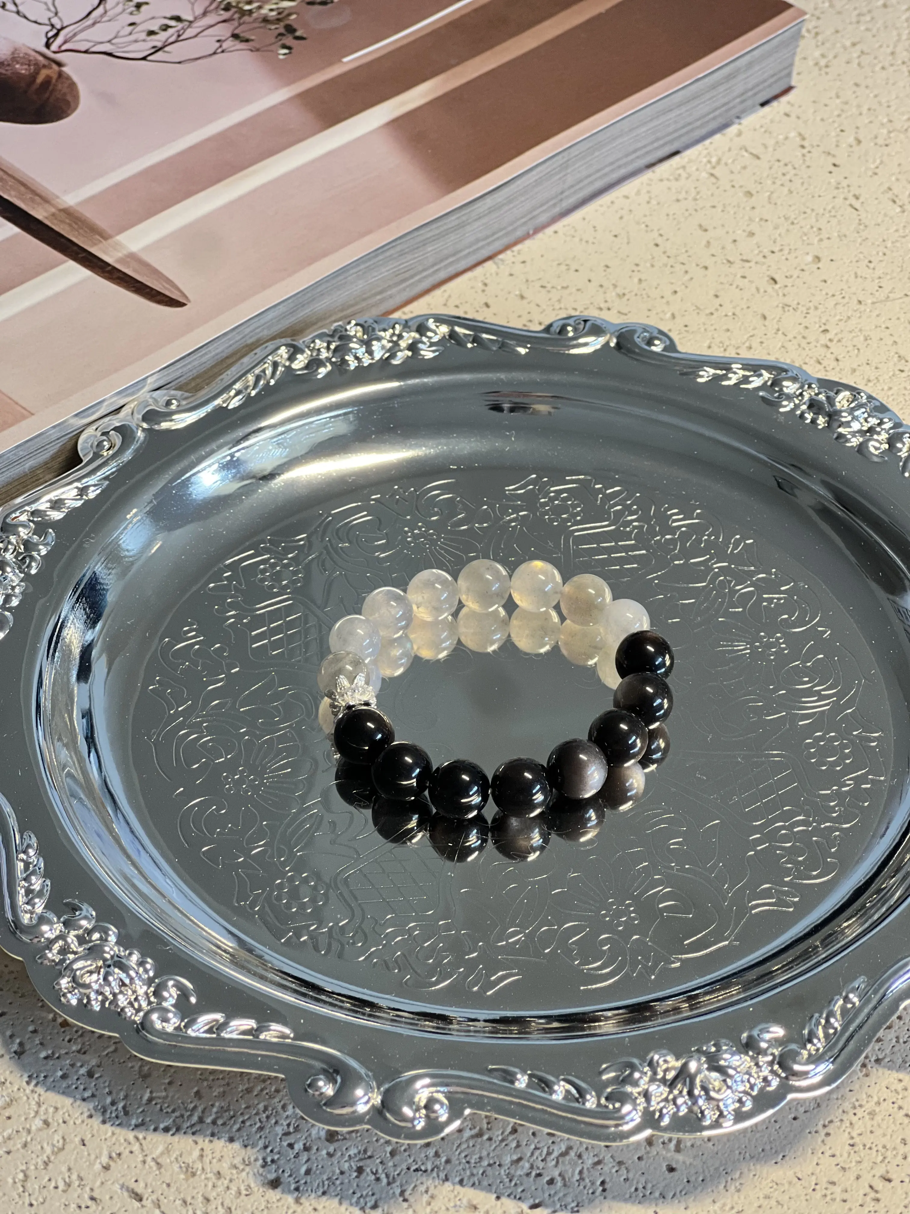 Double Eye Silver Sheen Obsidian & Moonstone Bracelet
