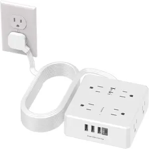 20 Ft Flat Extension Cord,  Ultra-Thin Flat Plug Surge Protector Power Strip, 3-Sided Outlet Extender, 8 AC Outlets and 4 USB Ports(1 USB C) for , Office, Dorm Room Essentials, White