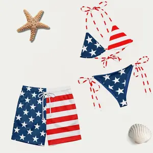 [HOT MATCHING SWIMSUIT SET] Matching swimsuit set with American flag print, including bikini and shorts.