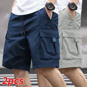 2-pack men’s cargo shorts, drawstring waist with multiple pockets, mid-rise durable non-stretch fabric—essential for hiking, sports, and casual activities | Solid color design, comfortable shorts,summervibes