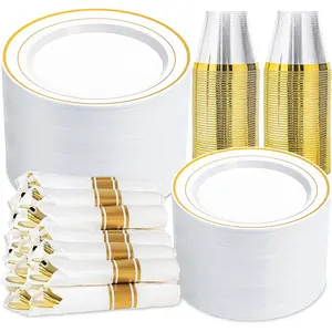 350 PCS White and Gold Dinnerware Set for 50 Guests, Disposable for 50 Guests, Include: 100, 50 Pre Rolled with Gold Silverware, 50 Cups