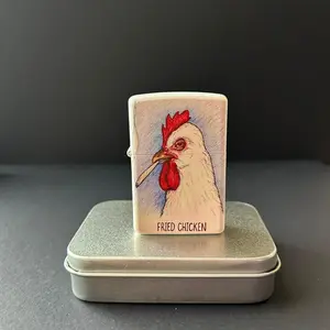 Funny Fried Chicken Metal Lighter – Refillable Flip Top Vintage Pocket Lighter, Cool Gift for Him, Windproof Collectible Design(Fuel Not Included)