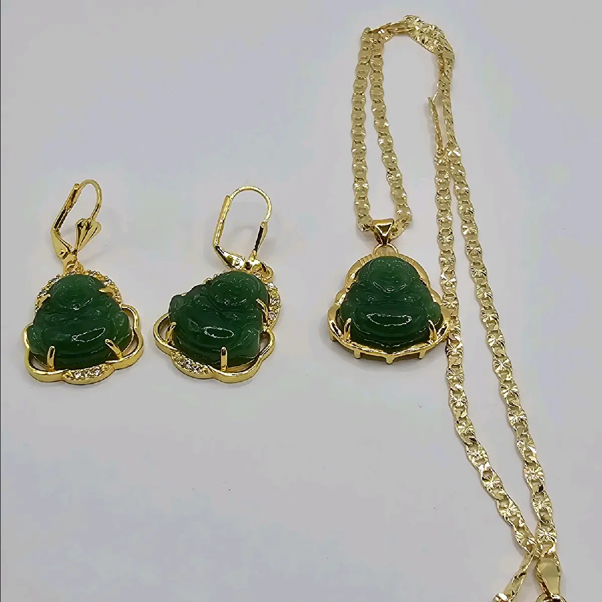 Fashion set necklace with earrings BUDDHA green color gold-plated regular chain style 18"inches 24"inches available