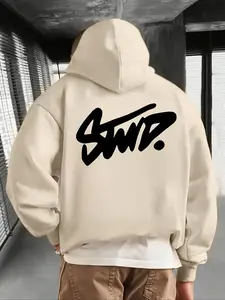 SWD Men's Printed Graphic Hoodie - Back Letter Design, Hoodie Letter Logo, Drop Shoulder & Kangaroo Pocket, Urban Street Style