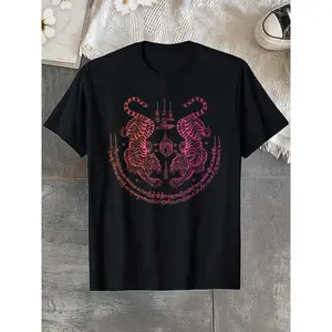 180g[100%cotton]Sak Yant Twin Tigers Printed Short Sleeve Tee Pure cotton crew neck top with distinctive Muay Thai pattern.Classic black tone, stylish casual wear for men and thoughtful gift option.