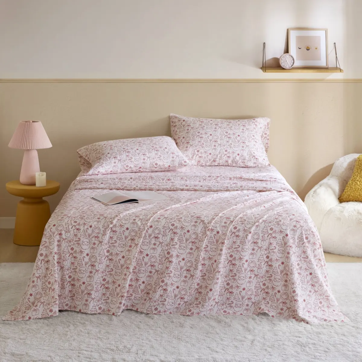 Intelligent Design ID20-2509 Twin Extra Large 360-Stand Comfy Decorative Bedsheet Set - 100% Cotton Flannel, Pigment Printed, Wrinkle-Resistant, Holiday Doodles, All Seasons, Machine Washable Sheets & Pillowcases, Comfy Bedding Set, Bedsheet Sets