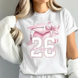 Class of 2026 Senior Pink Cap and Bow Graduation T-Shirt Tshirt TOP