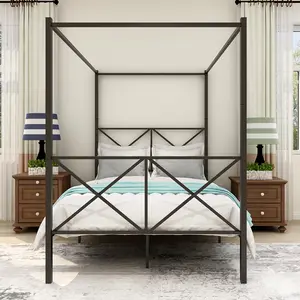 Metal Full size Canopy Bed Frame Metal 4 Posters Bed Full size Platform Bed with Built-in Headboard Strong Metal Slat Mattress Support, No Box Spring Needed, Black
