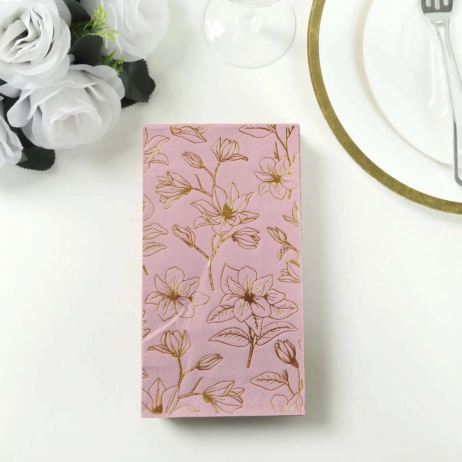 Disposable Paper Dinner Napkins 50-Pack - 2-Ply Dusty Rose with Gold Magnolia Floral Design, High Absorbency Water Absorbent Disposable Restaurant Tableware for Birthday Parties, Dusty Rose Print, Print