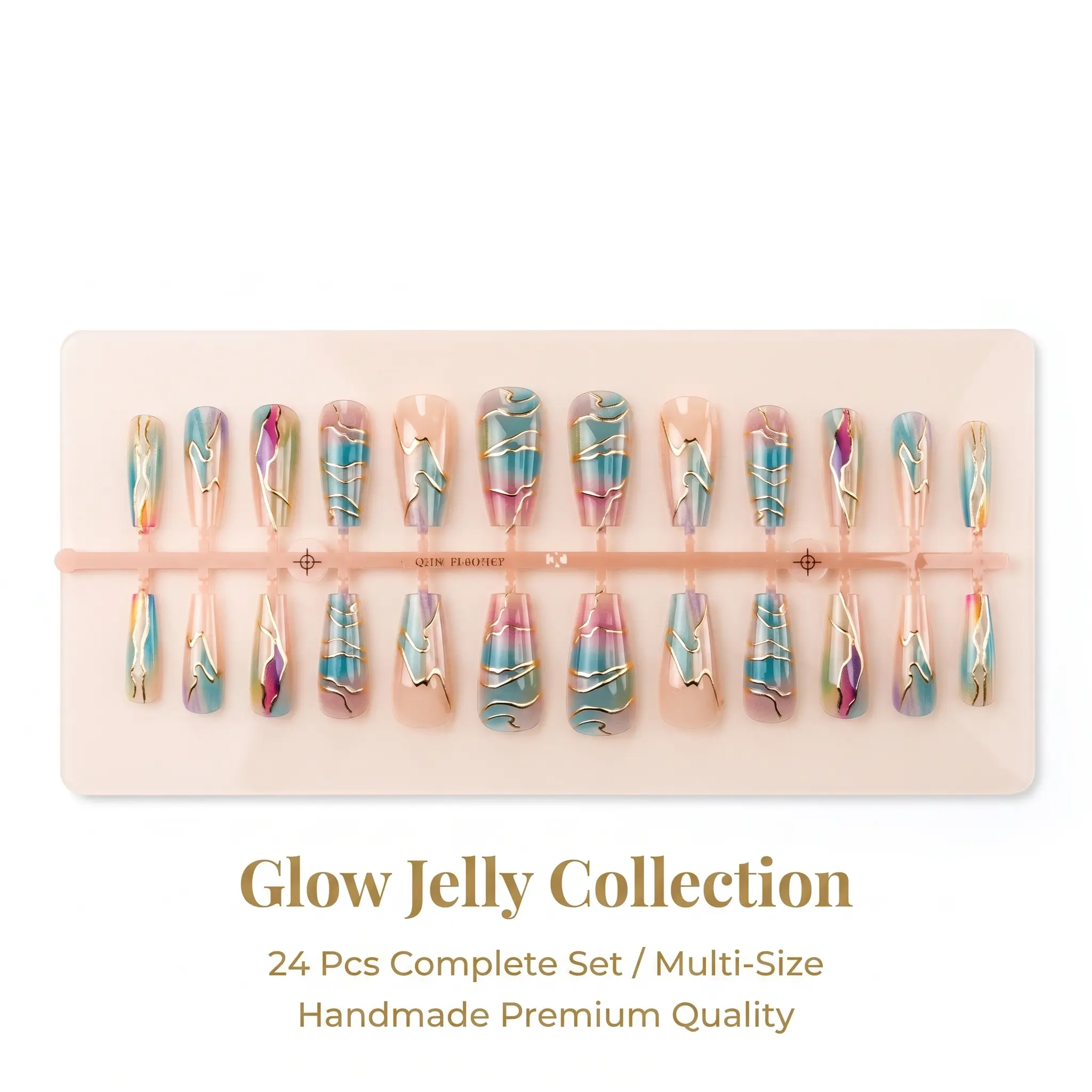 Zatvios 24Pcs Island Dream Jelly Gradient Press On Nails 3D Kintsugi Gold Line Fake Nails For Seaside Trips Summer Resort Outfits