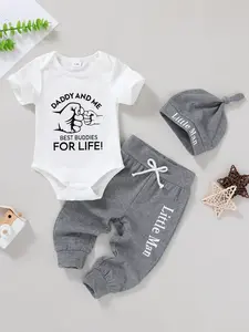 3PCS Newborn Baby Boy Set Soft Breathable Jumpsuit Tie Pants Hat for Vacation & Parties