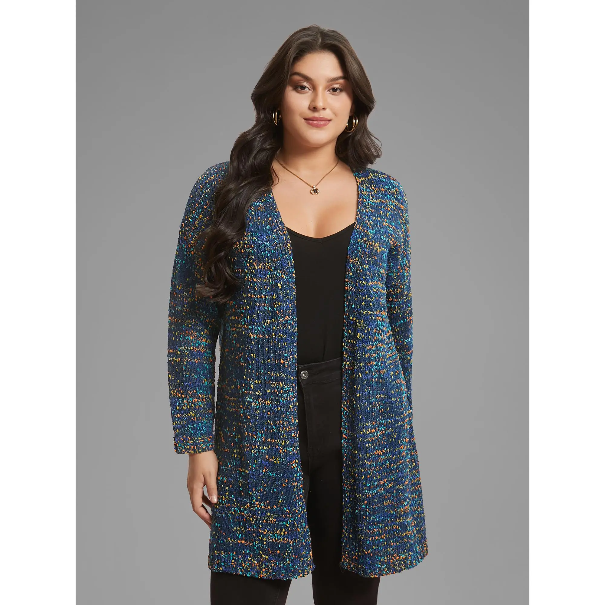 BloomChic Women's Plus Size Open-Front Kimono Knit Cardigan - Multicolor Long Sleeve Cable Knit Polyester-Acrylic Blend Fabric, Comfy Loose Flat Fit, Low-Iron Hand Wash Casual Everyday Wear