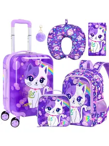 5PCS Kids Luggage Set, Airline-Approved Carry-On with 360° Spinner Wheels, Cute Travel Suitcase for Girls & Toddlers, Cute Backpack - Cat Purple, Kawaii Backpack