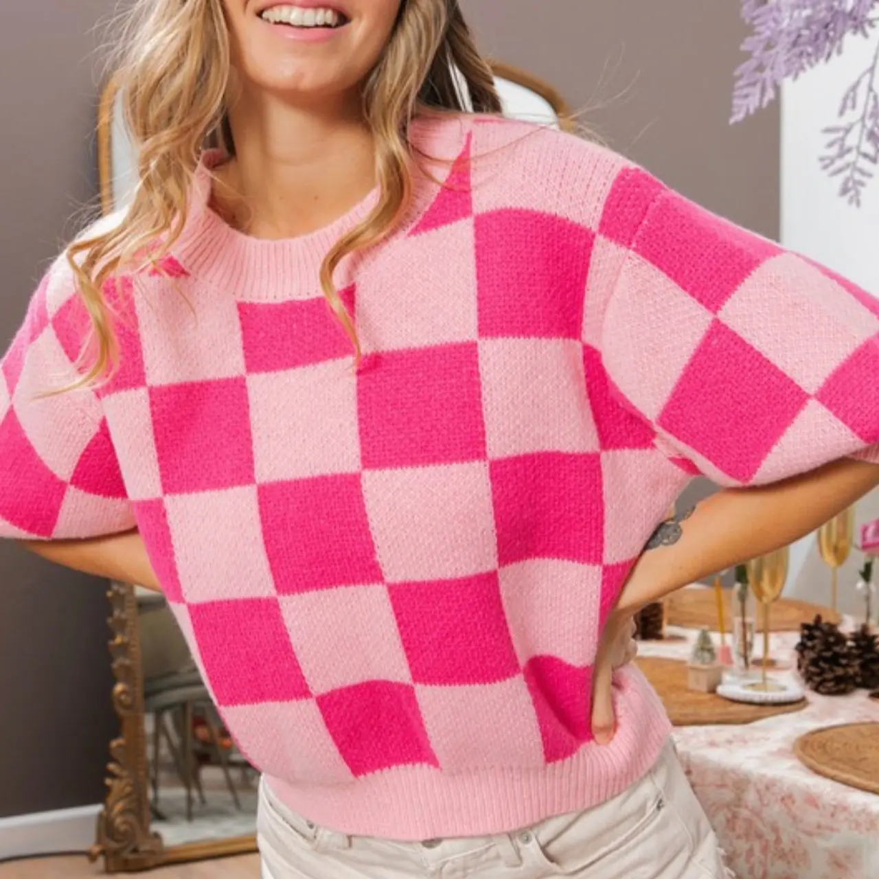 Pink Check Sweater