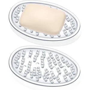 2 Pcs Plastic Soap Holder Soap Dish Bar Saver Tray with Holes Sponge Holder for Kitchen Bathroom Shower Counter, 4.5 x 3 x 0.7 Inches (Clear)