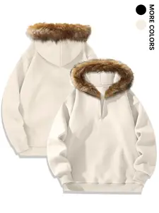 Men's Large Fur Collar Hoodie, Plain Long Sleeve Loose, Minimalist, Perfect for Cold Weather, Comfortable Casual Top, Fall & Winter Fashion, Daily Use