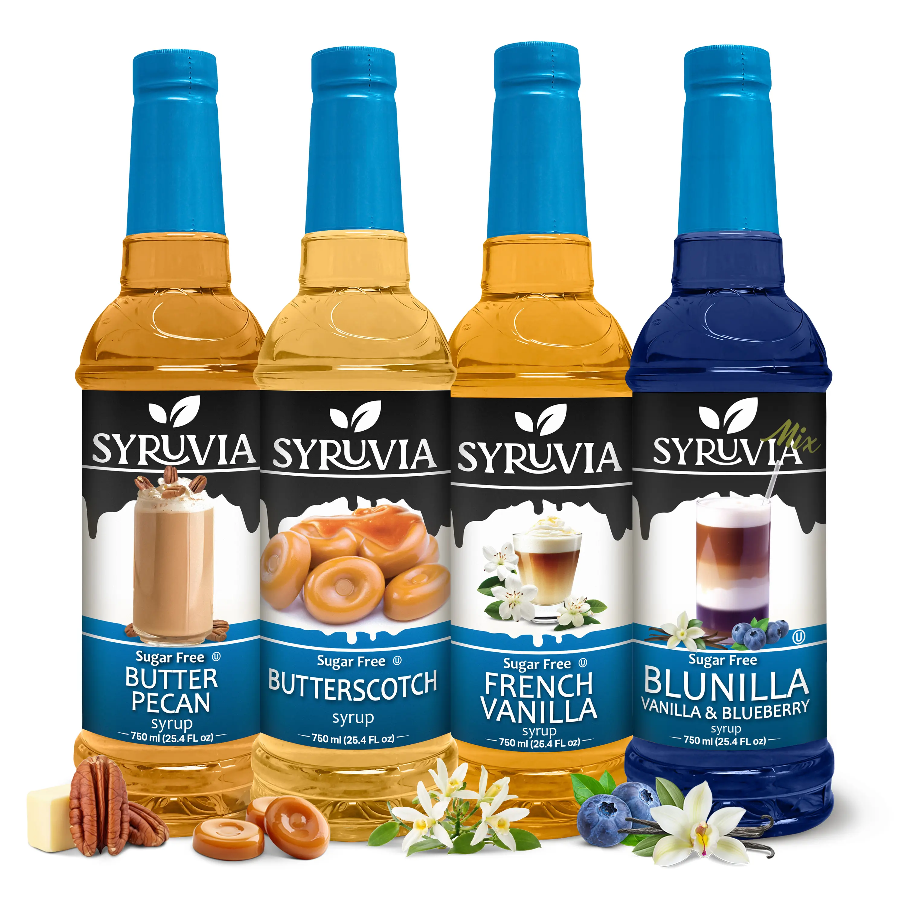 Syruvia Sugar Free Coffee Syrup Variety Pack – Butter Pecan, Butterscotch, French Vanilla & Blunilla Flavors – Gluten-Free, Kosher, 25.4 fl oz – Delicious Flavoring for Coffee, Tea & Desserts (4-Pack)