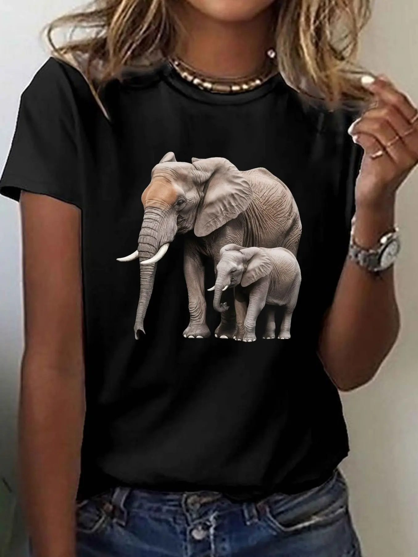 Two Elephants Realistic style printed T-shirt shor unisex soft cotton short sleeve t shirt, vintage graphic casual tee for men women teens, perfect birthday holiday gift for camping travel gym daily street  wear