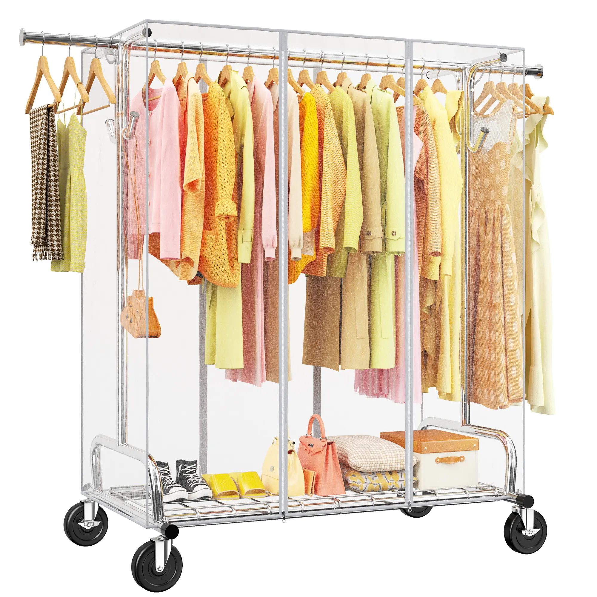 Raybee Clothing Rack with Cover,  Heavy Duty Hanging Clothes Rack with Shelf & Hook, Rolling Garment Rack with Wheels, Metal Portable Closet Rack for Hanging Clothes, Clothes Drying Rack Coat Rack for Home Organization