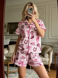 Women's Western Cowboy Sleepwear Loungewear Set, Two-Piece Button Front Short Sleeve Top and Shorts, Casual Home Wear, Comfortable Party