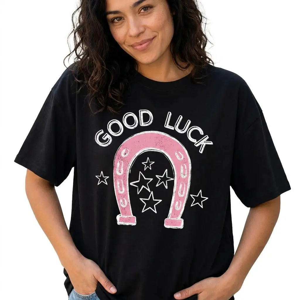 Retro Good Luck Graphic Tee Women Western Horseshoe Shirt Plus Size