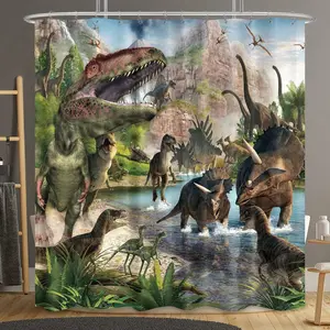 72x72 Inch Dinosaur Shower Curtain Boys Kids Animal Dino Jungle Mountain Decor Fabric Bathroom 12 Pack Plastic Shower Hooks Included