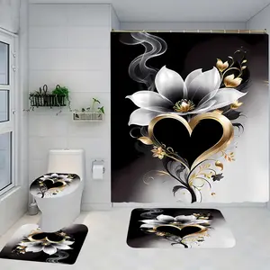 Floral Pattern Shower Curtain and Rug Set, Bathroom Decor with Hooks, Non-Slip Bath Mat, U-Shaped Toilet Lid Cover, Modern Home Accessories, Shower Curtain Sets, Bathroom Decoration Accessories