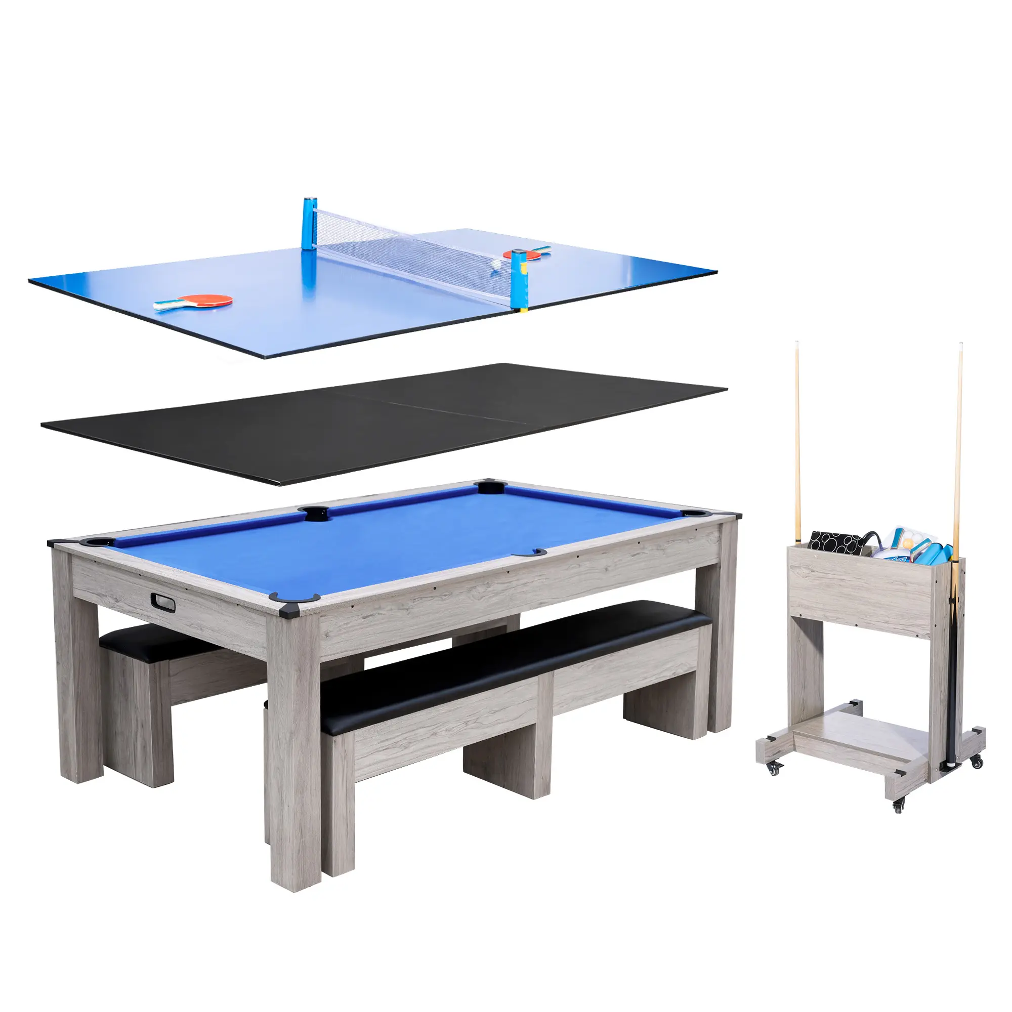 7 Foot 3 in 1 Multi Game Table for Home, Converts from Billiard to Dining to Table Tennis, Includes Cues Balls Ping Pong Gear and Rolling Cart, Space Saving Family Game Room Furniture