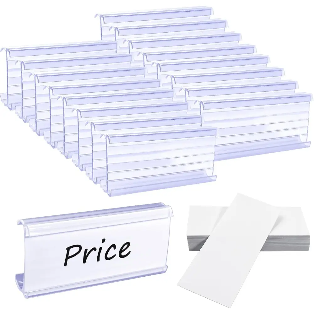 220 Pcs Shelf Label Holders with Label Paper Clear Wire Racks Tags Holder Plastic Tags Shelf for 1-1/4 Inch Shelves