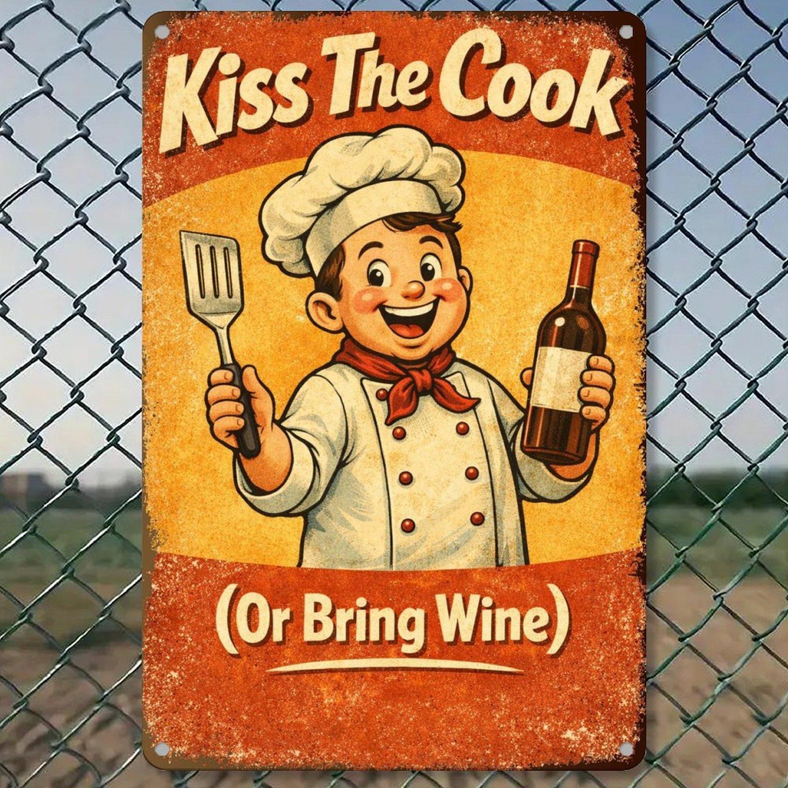 Funny Kitchen Metal Sign 8x12 Inch Vintage Retro Wall Decor “Kiss The Cook Or Bring Wine” Rustic Kitchen Gift for Home