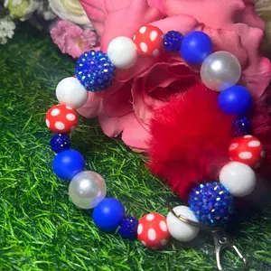 USA polka wristlet keychain color scheme white, blue, red polkadot print and bling beads made with wire