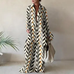 Fashionable Printed Loose Long Sleeve Shirt + Straight Leg Pants for Women - Casual Fabric