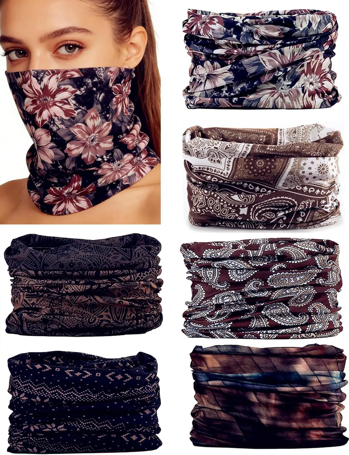 6 PCS Summer UV Protection Multi-functional Headband Neck Gaiter Head Wrap | Magic Scarf Bandana for Men and Women Headwear Face Mask Light Weight, Stretchy, Cool Pattern, Versatile, Keep Sun Off