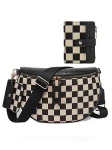 2Pcs Set Checkered PU Leather Crossbody Purse & Short Wallet for Women, Leather Shoulder Bags, Adjustable Strap, Animal Print Design, All-Season Use