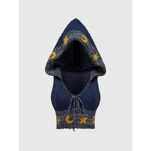 Women's Hippie Boho Sleeveless Hoodie Top With Moon And Stars Print