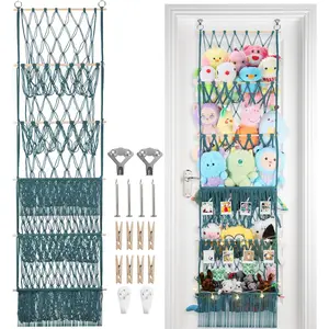 5 Tier Stuffed  Storage Shelf Net, 17x61 Inch Large Plushie Net w/LED Light & Clips for Mini Medium Stuffy Teddy, Aqua Boho Macrame Wall  Holder Display for   Girls Boys