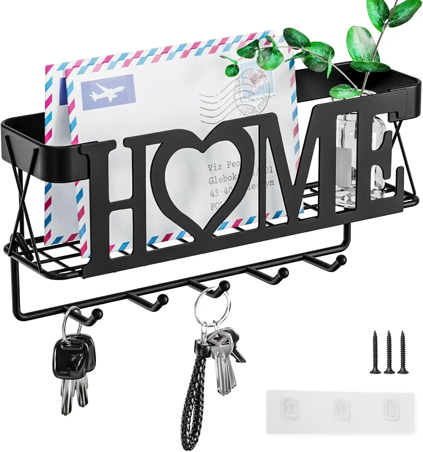 Key Holder for Wall - Key Rack with 5 Key Hooks, 11.02" L2.75" W4.92" H, Key and Mail Organizer Wall Mount with Mesh Basket, Key Hanger for Wall, Entryway,  Decor(Matte Black)