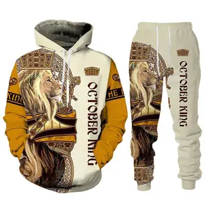 3D Lion Print Men's Hooded Tracksuit - Trendy Sweatshirt & Joggers Set 3050-72/91