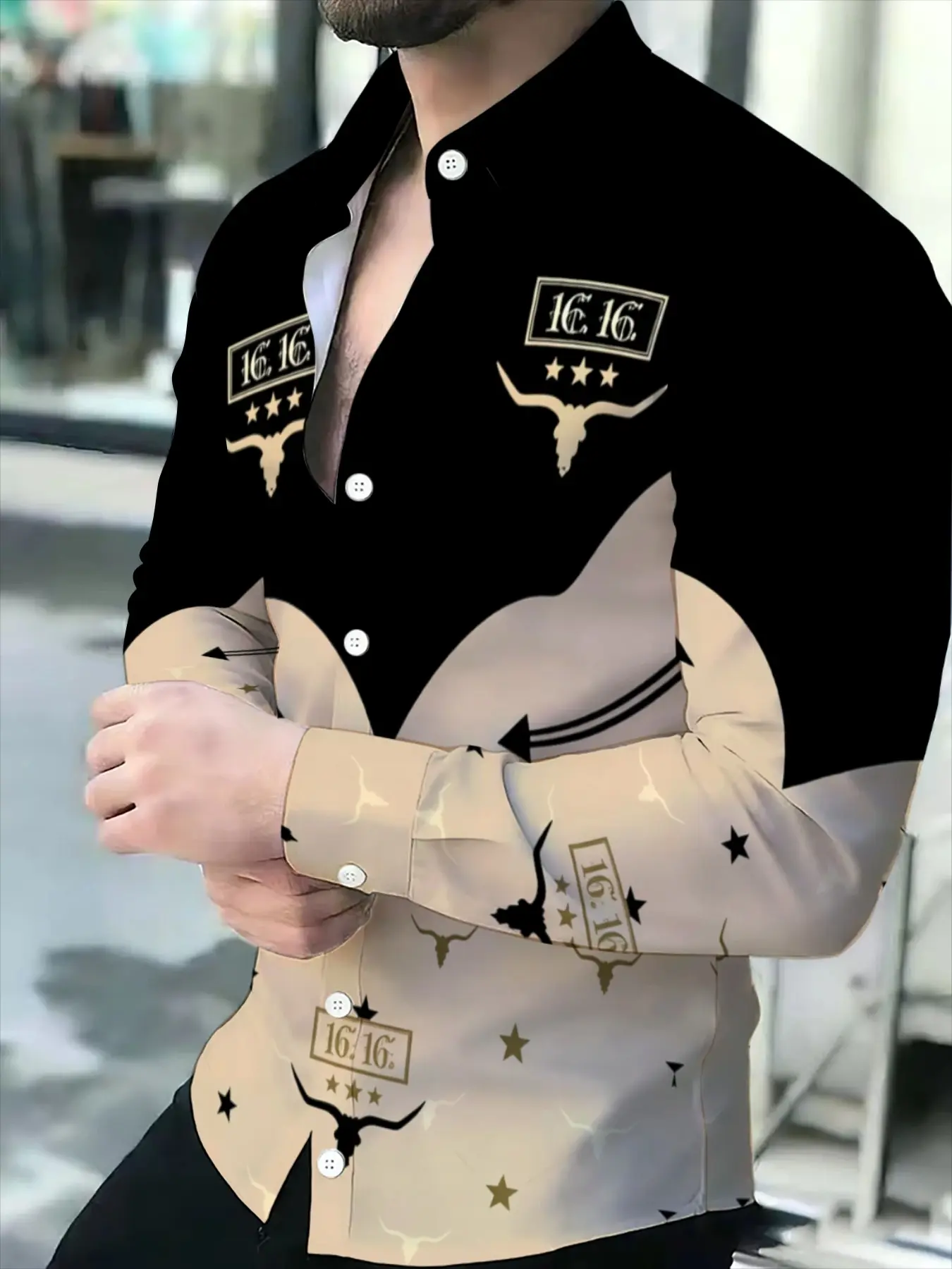 Western Style Color Block Denim Shirt, Men's Long Sleeve Casual Shirt, Fashion Printed Top, Casual Button Shirts, Collared Shirts